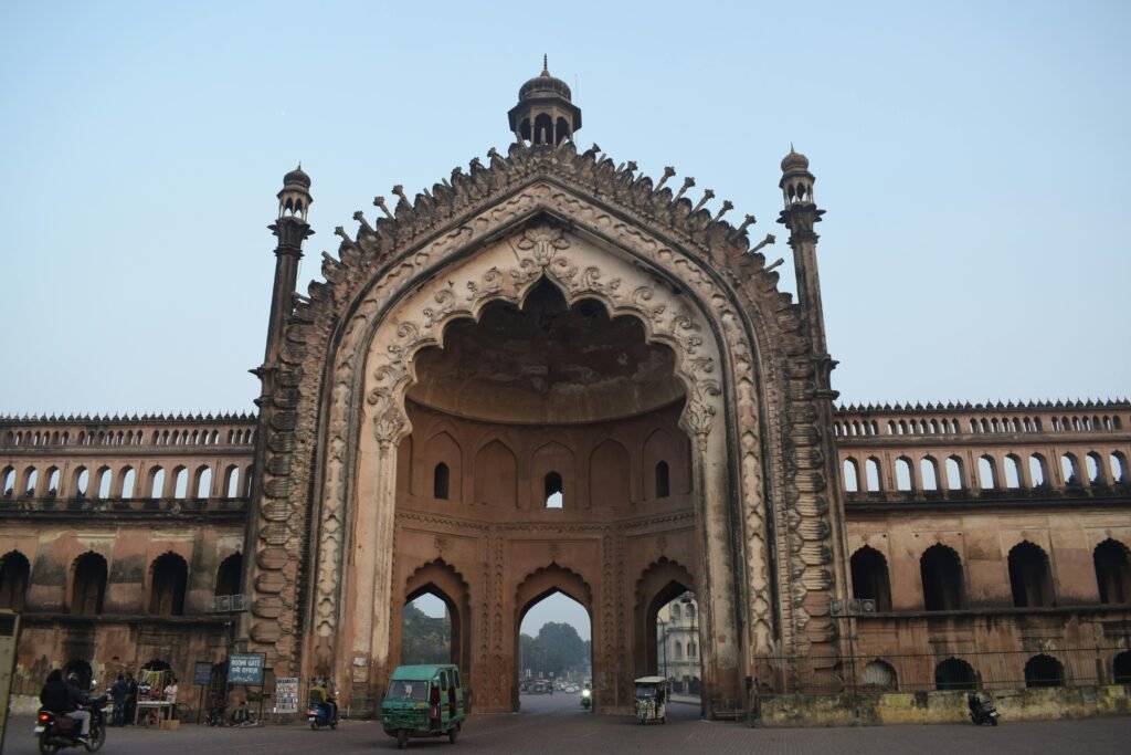 Capture of the majestic Rumi Darwaza in Lucknow, India, showcasing its intricate architecture at twilight.